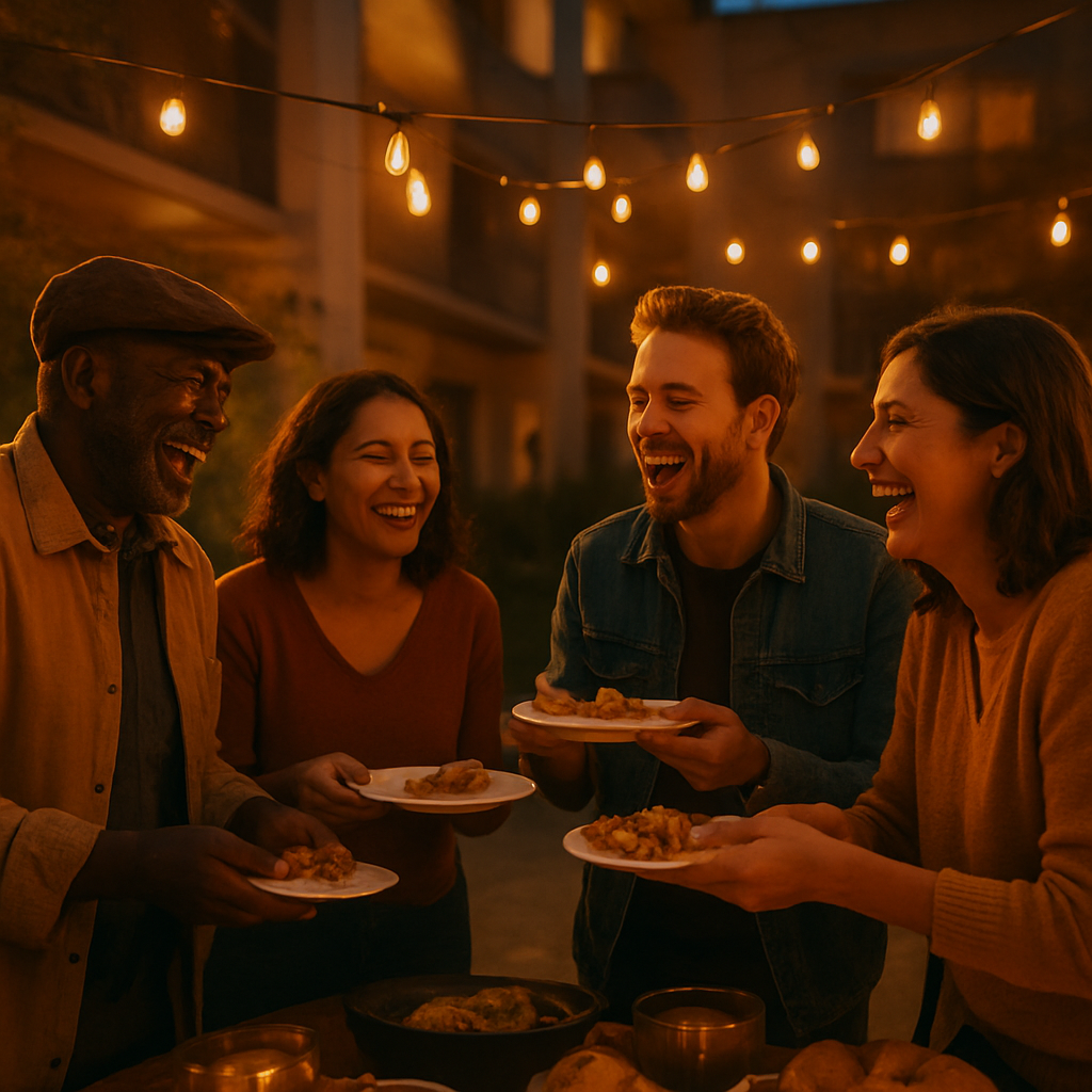 Neighbors and a local business owner sharing food at a community gathering