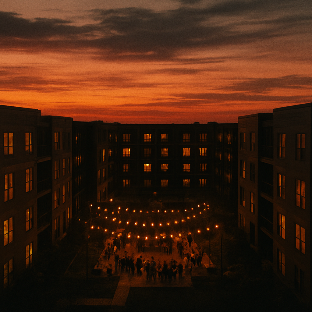 Aerial view of an apartment community glowing at dusk