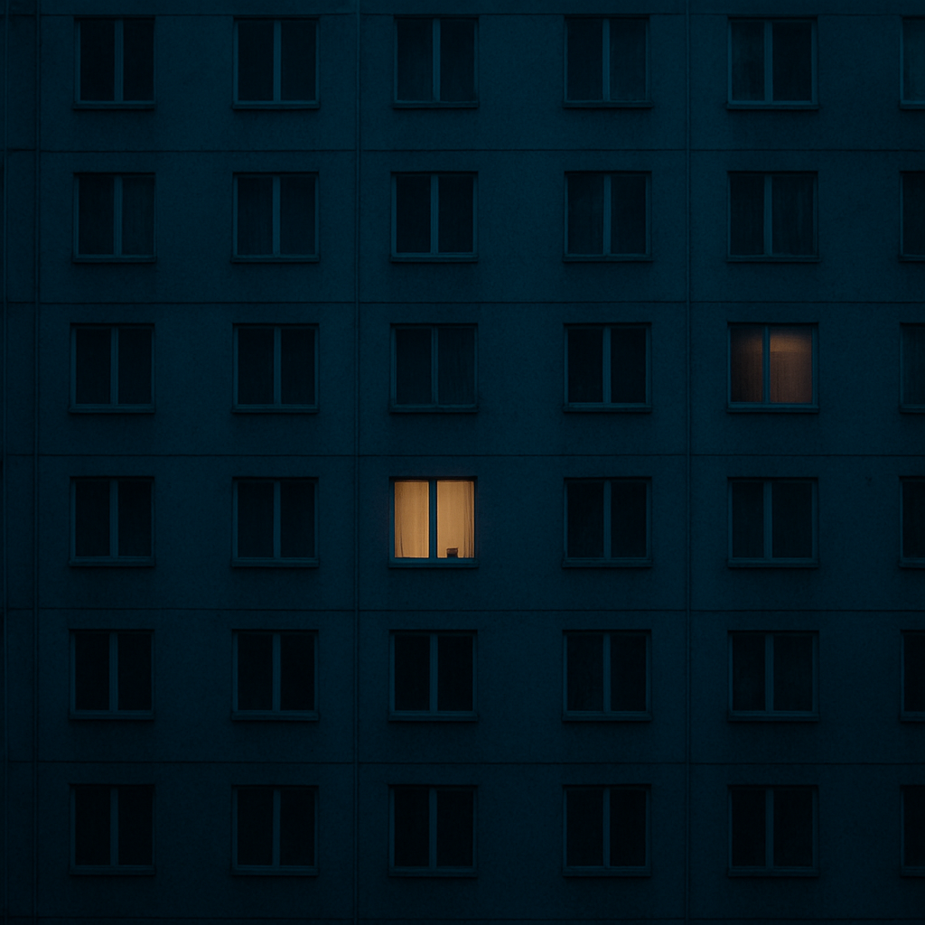 Apartment building at blue hour with few lit windows